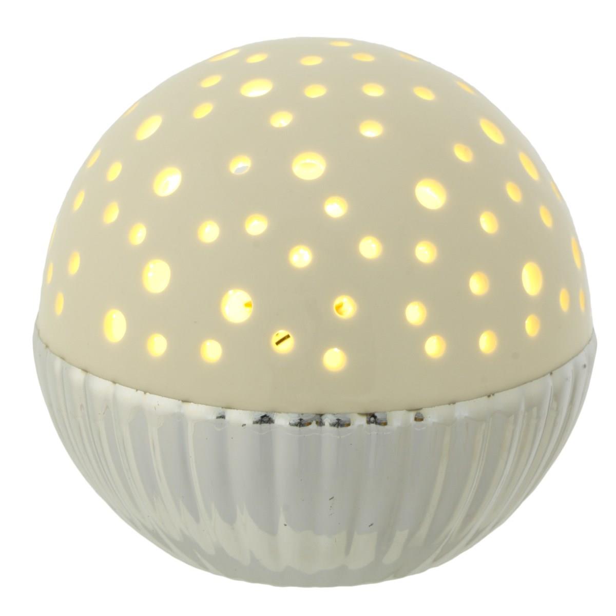 Lampada di ambientazione sferica diam. 12,5 cm in ceramica avorio e argentata con luce led bianca