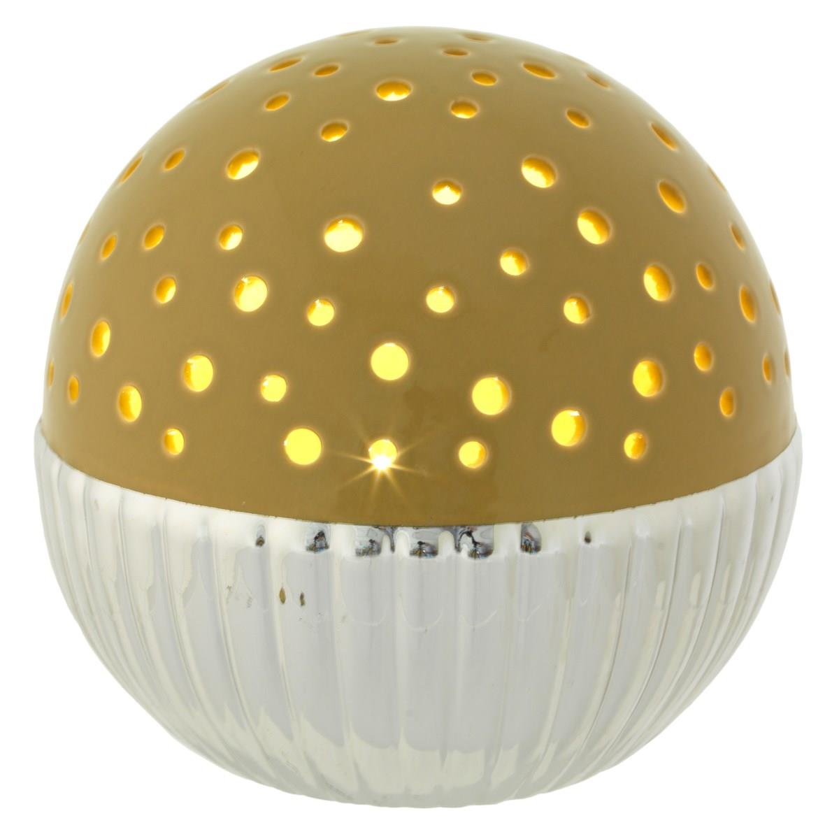 Lampada di ambientazione sferica diam. 15 cm in ceramica beige e argentata con luce led verde