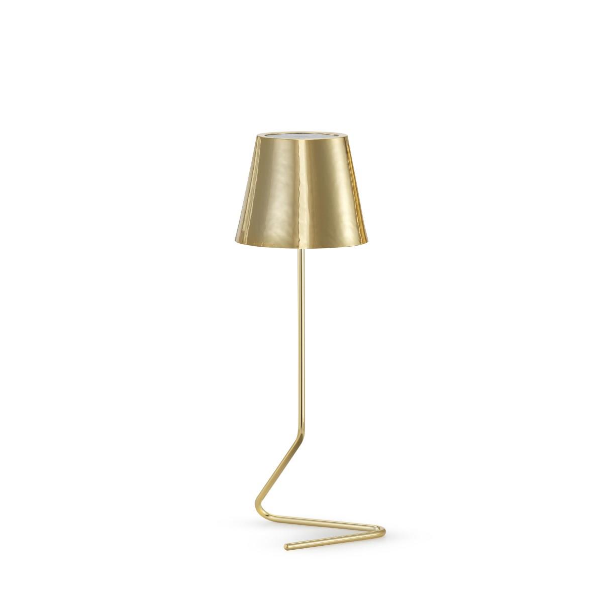 Lampada wireless vega a stelo in ottone dorato lucido con base triangolare, illuminazione regolabile e ricarica usb