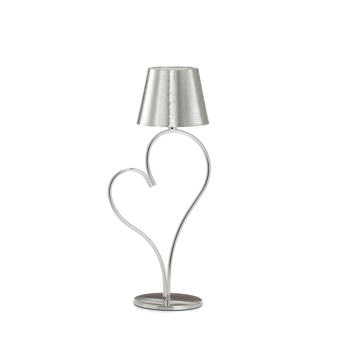 Lampada wireless venus con stelo a forma di cuore in ottone argentato lucido, con illuminazione regolabile e ricarica usb