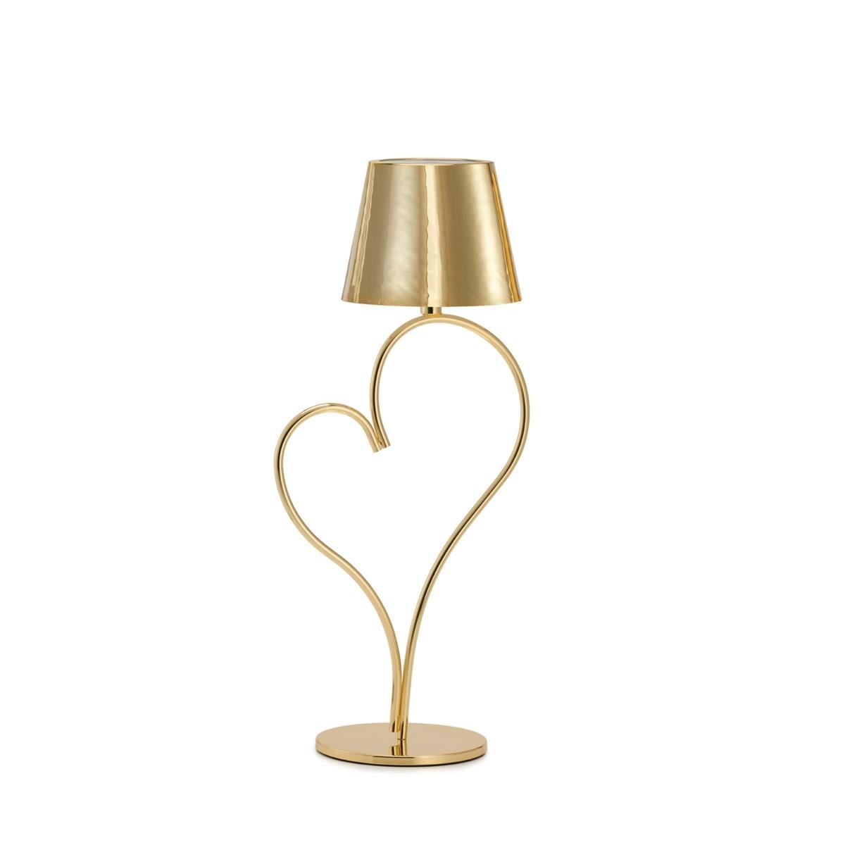 Lampada wireless venus con stelo a forma di cuore in ottone dorato lucido, con illuminazione regolabile e ricarica usb