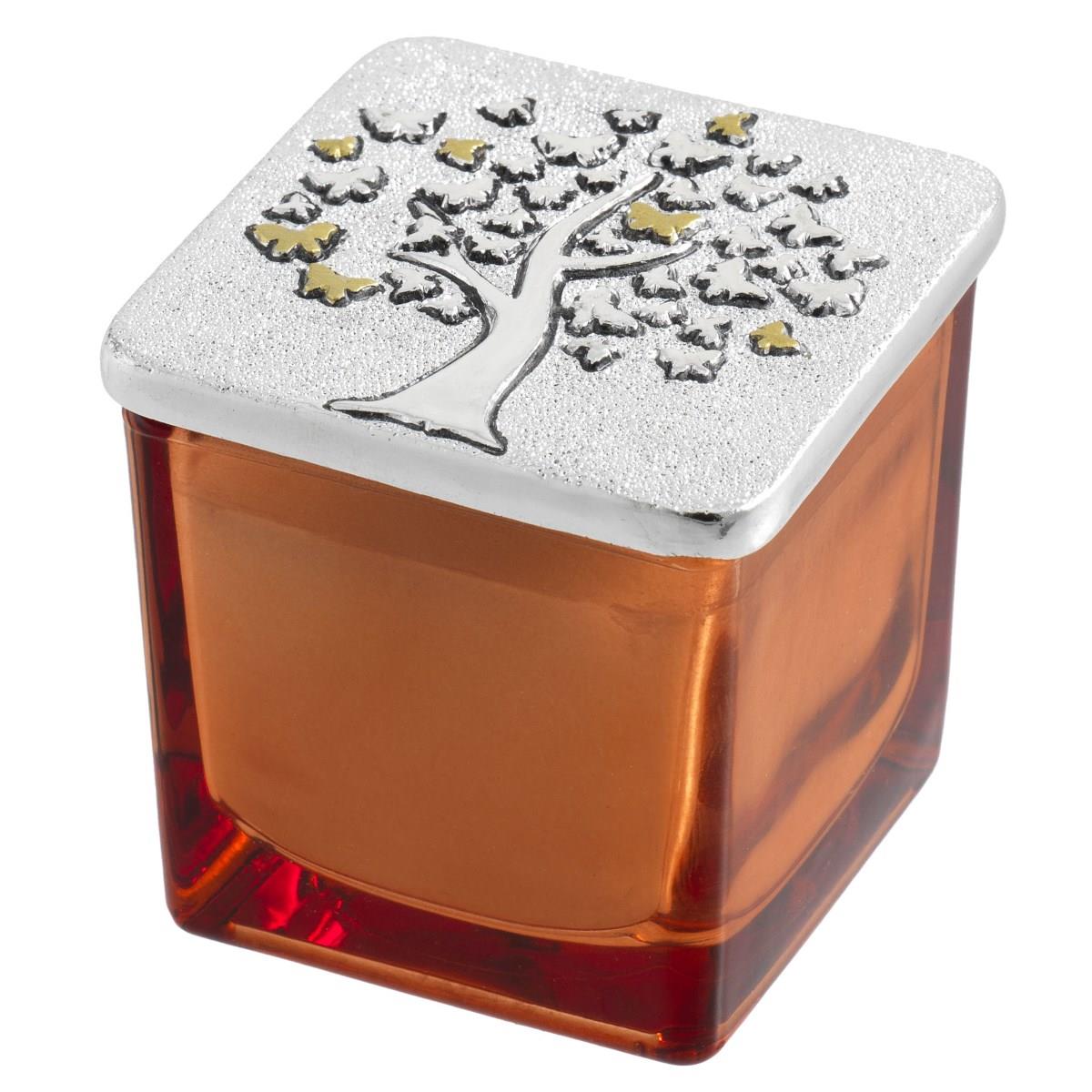 Portacandela quadrato in vetro arancione con candela bianca profumata e coperchio in resina argentata decorato con albero della vita h. 5 cm