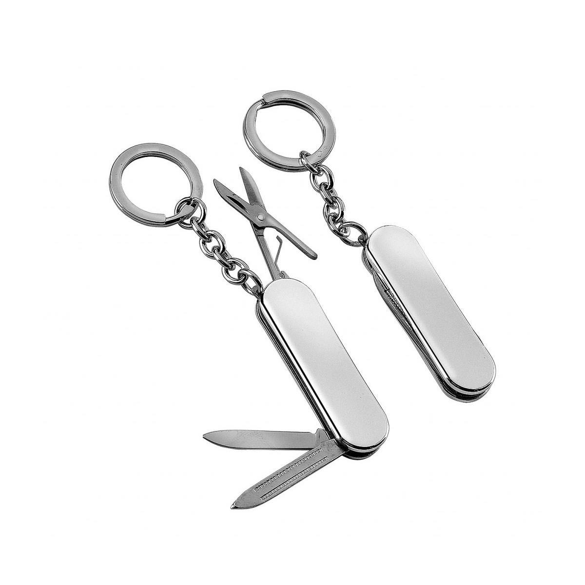 Portachiavi in acciaio silver plated con coltellino multifunzione e chiusura ad anello