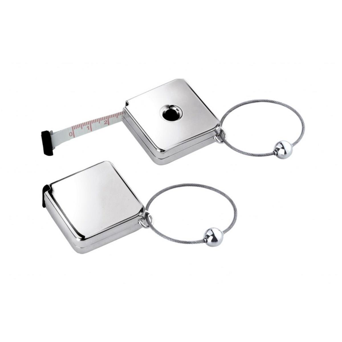 Portachiavi in acciaio silver plated con metro estensibile con chiusura a vite
