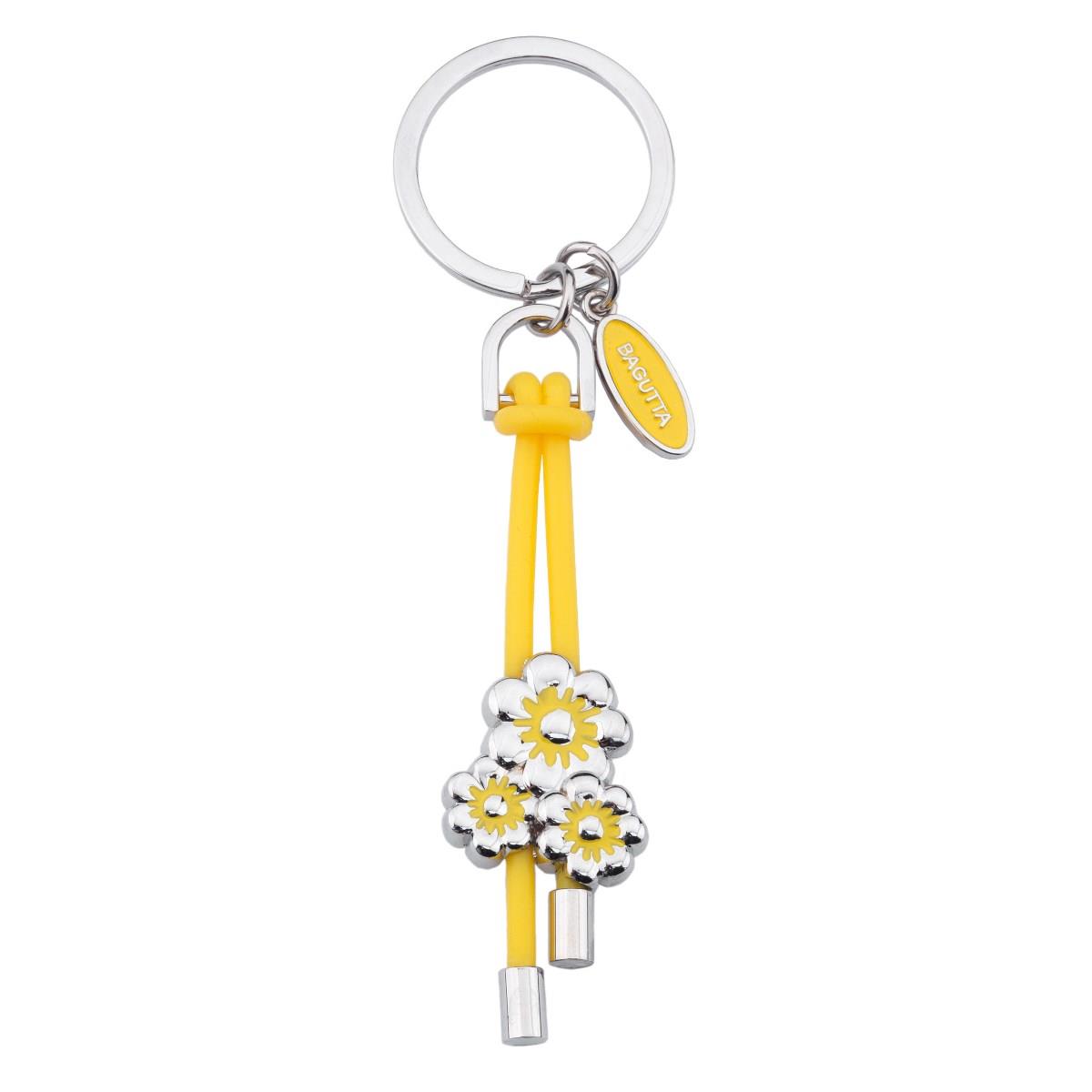 Portachiavi ad anello in metallo con tris di margherite in resina di colore giallo