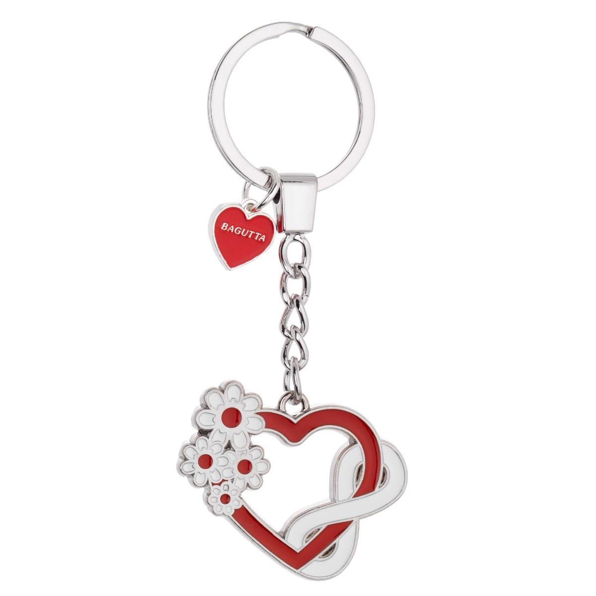 Portachiavi infinity love ad anello in argento laminato con cuore rosso, simbolo dell'infinito e quattro margherite per san valentino