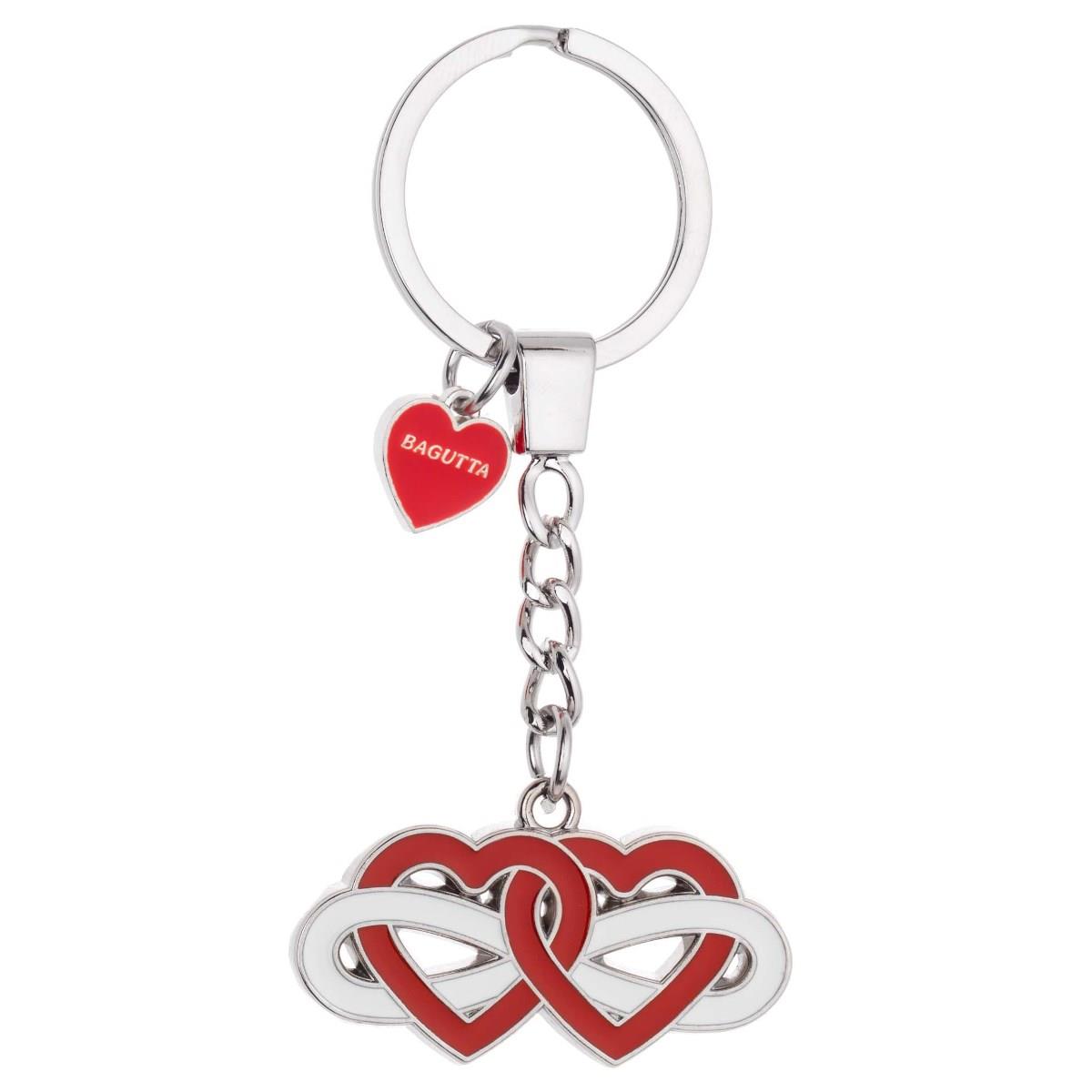 Portachiavi infinity love ad anello in argento laminato con due cuori rossi intrecciati e simbolo dell'infinito per san valentino