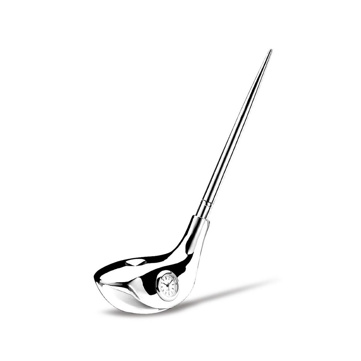Portapenna stiloforo in acciaio silver plated a forma di mazza da golf con orologio