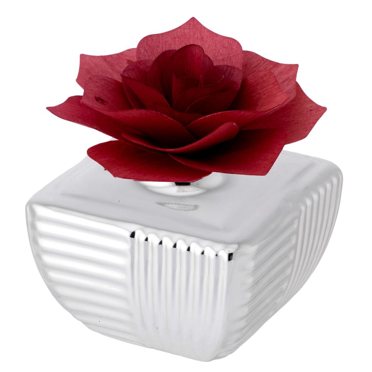 Profumatore per ambiente medio in ceramica argentata con rosa di colore bordeaux