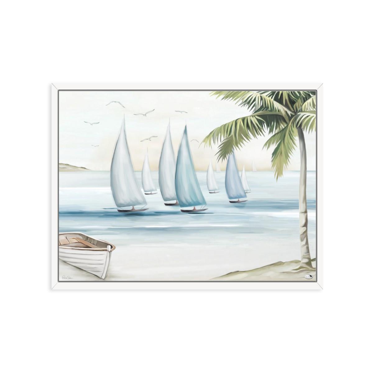 Quadro moderno con barche su pannello orizzontale di legno dipinto di misura 59 cm x 44 cm
