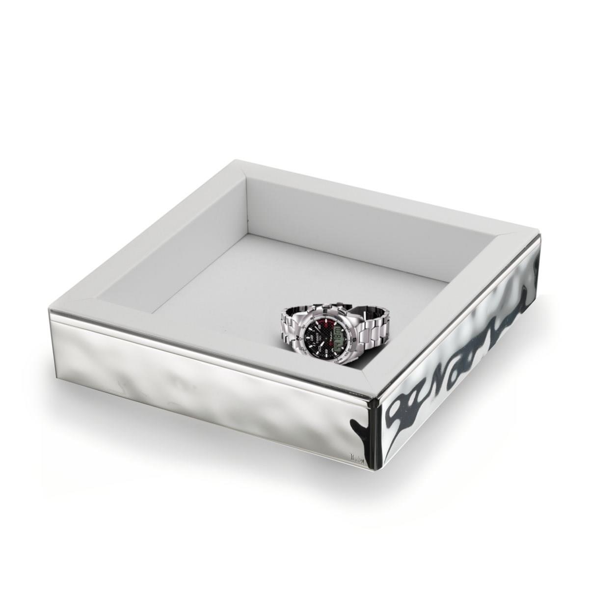 Scatola vuotatasche in legno bianco rivestita in argento laminato a finitura martellata linea gea