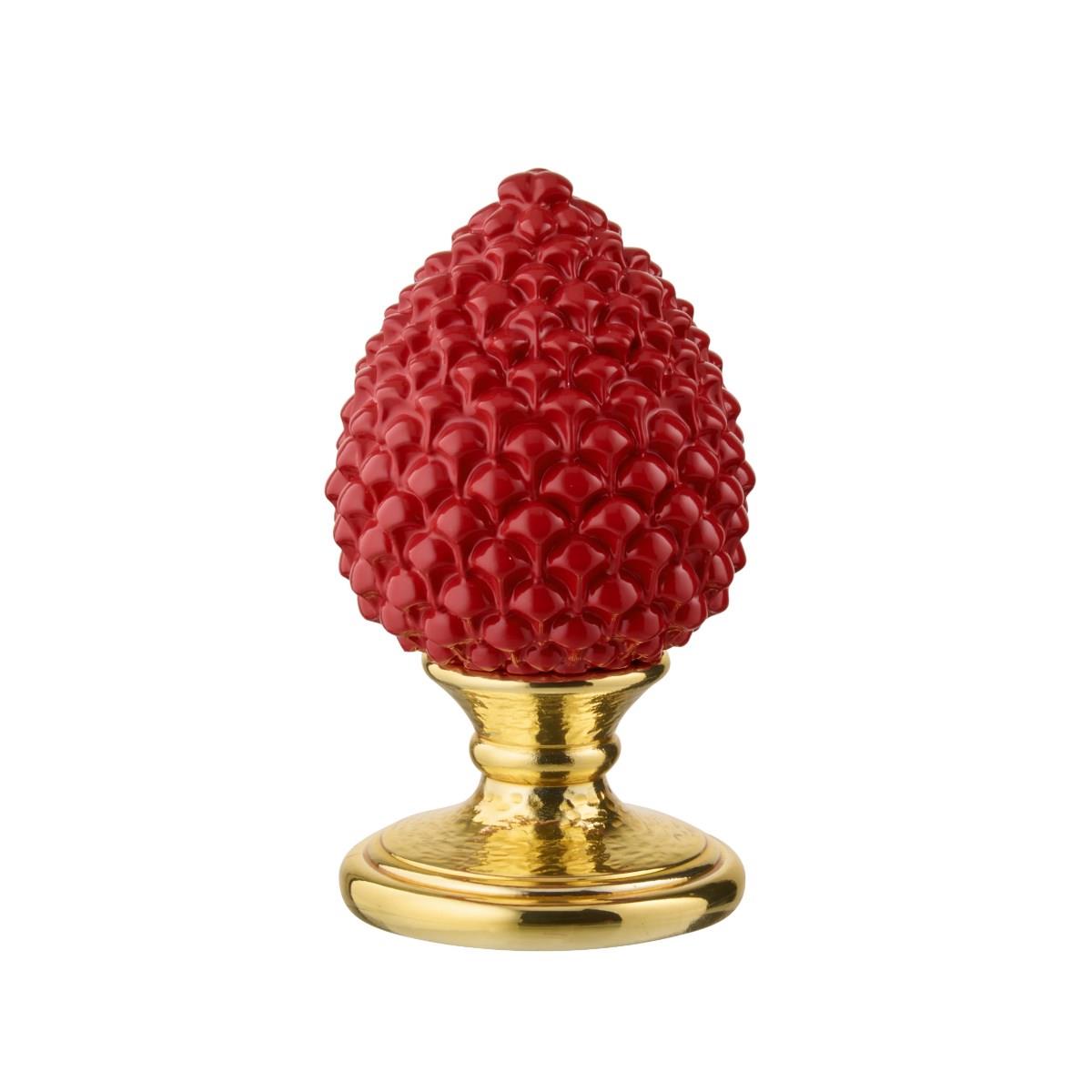 Scultura in resina con base dorata e pigna color corallo portafortuna h. 9 cm