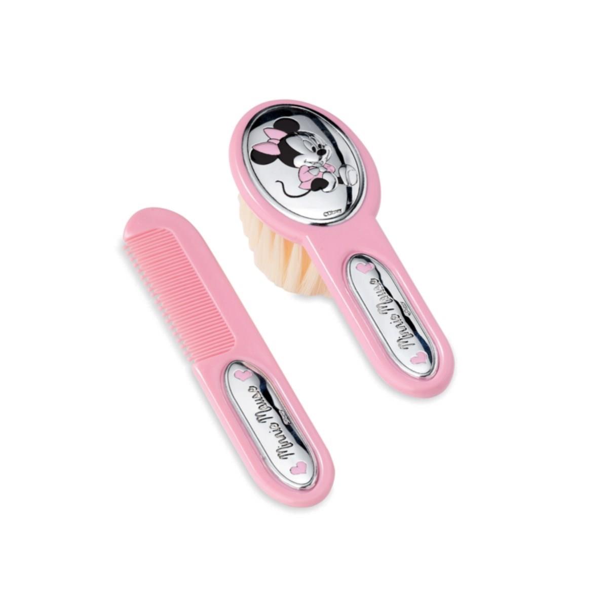 Set spazzola e pettine walt disney in plastica rosa decorata da applicazioni in argento laminato con baby minnie mouse