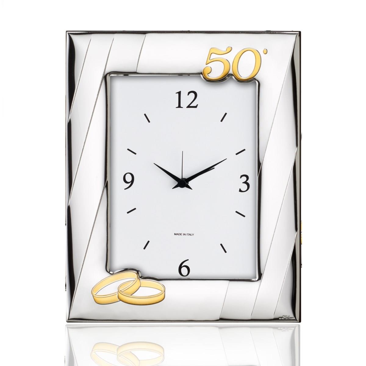 Sveglia da tavolo 13x18 per le nozze d'oro in argento laminato con simboli del 50 anniversario e decorazione moderna
