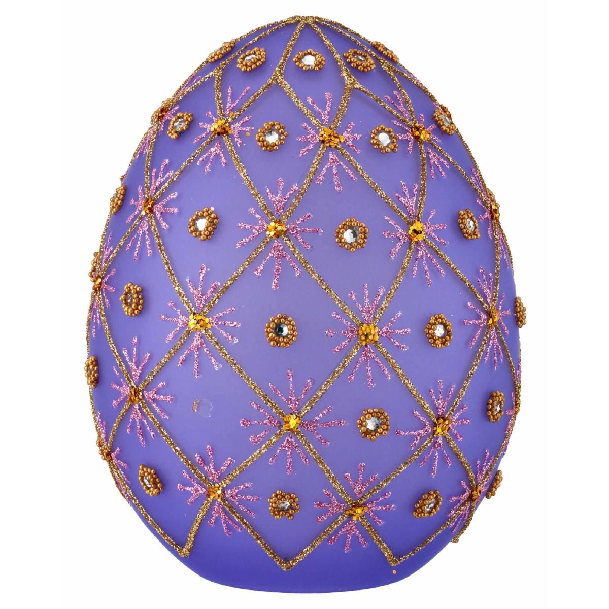 Uovo in vetro soffiato viola decorato con strass a illuminazione led h. 15 cm