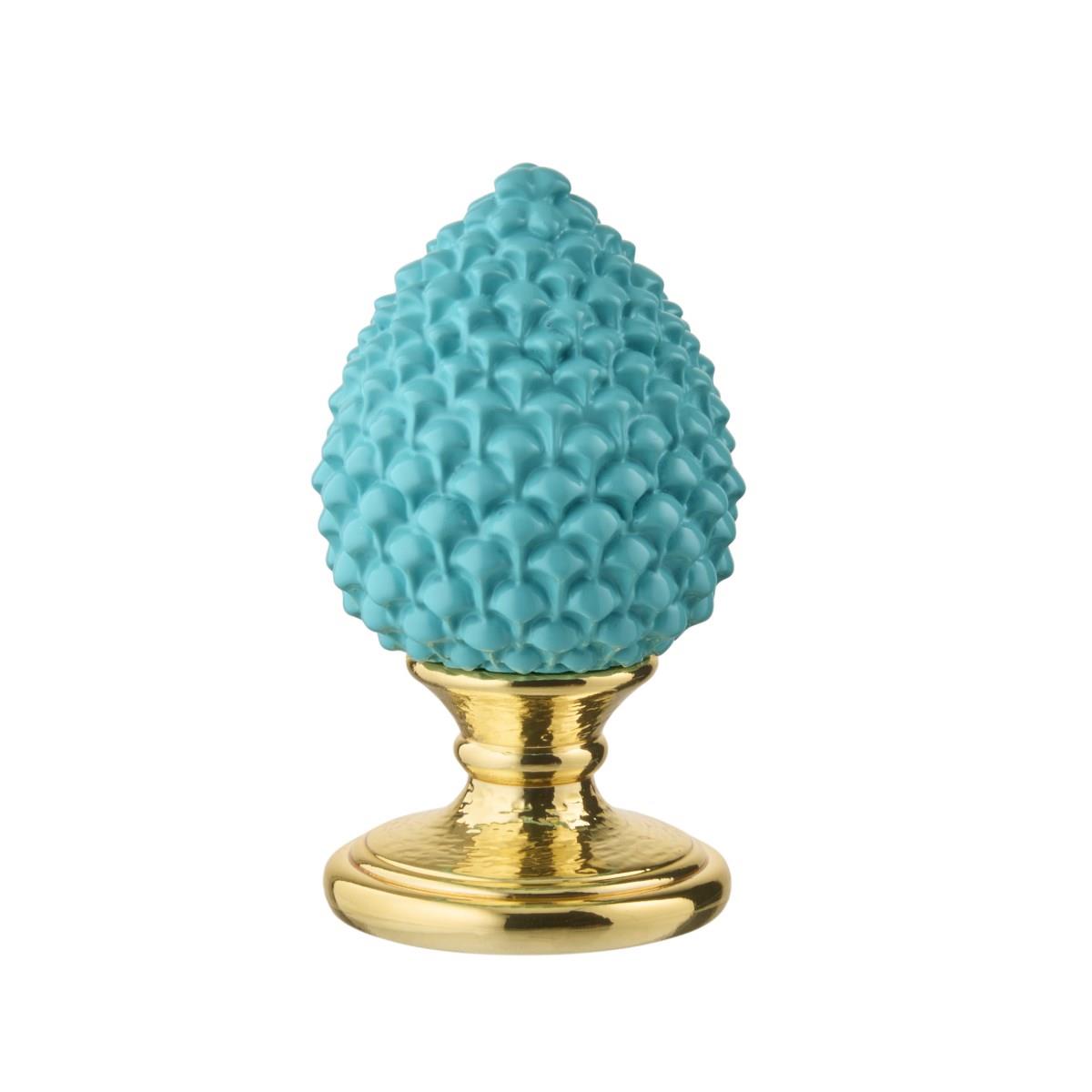 Scultura in resina con base dorata e pigna color turchese portafortuna h. 9 cm