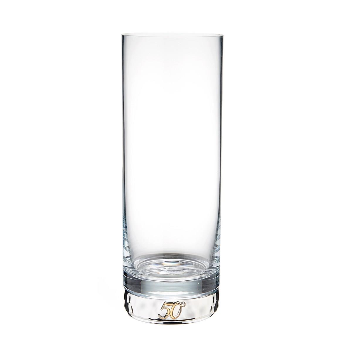 Vaso cilindrico per le nozze d'oro in vetro con base in resina argentata decorata con il simbolo dorato del 50 anniversario