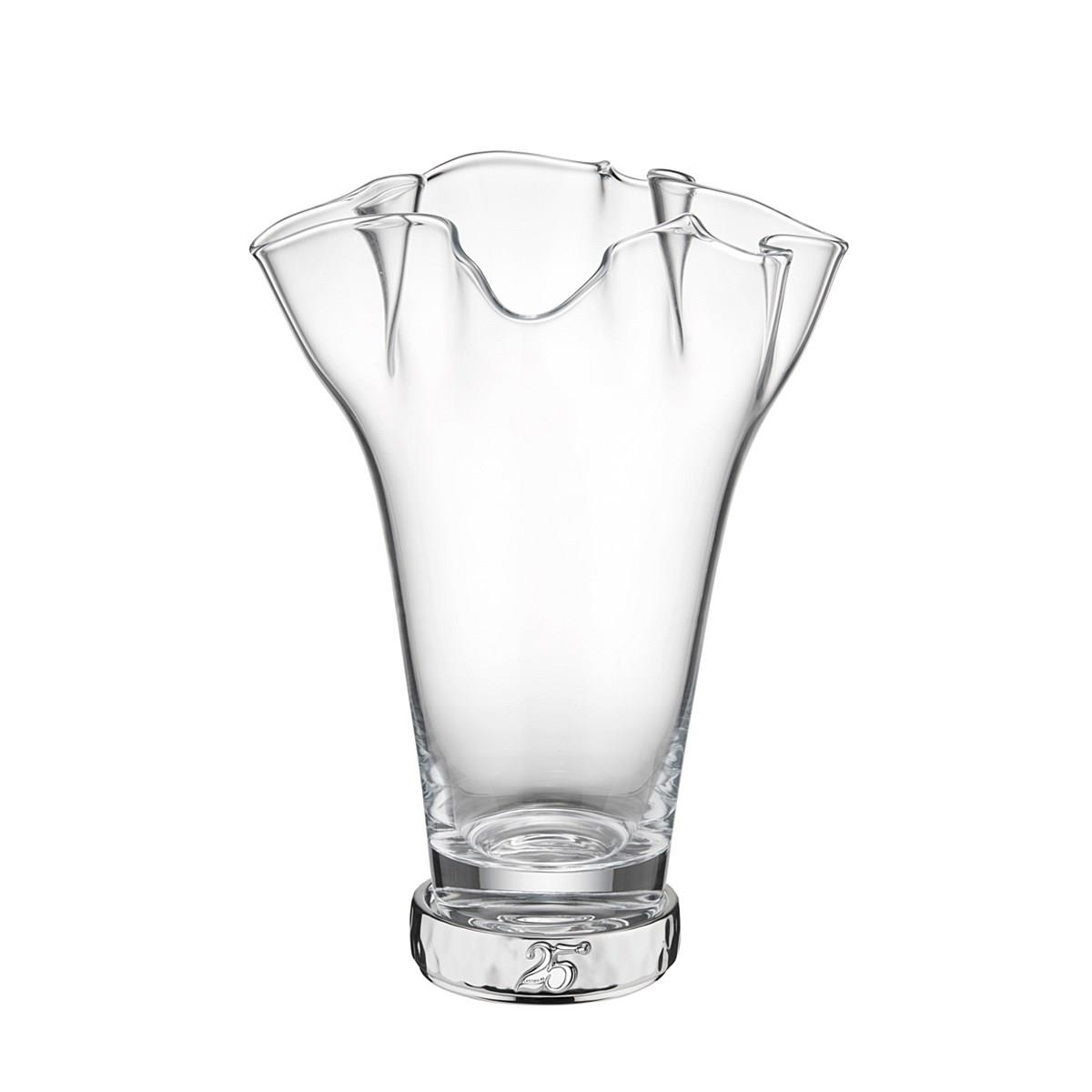Vaso a fazzoletto per le nozze d'argento in vetro con base in resina argentata decorata con il simbolo del 25 anniversario