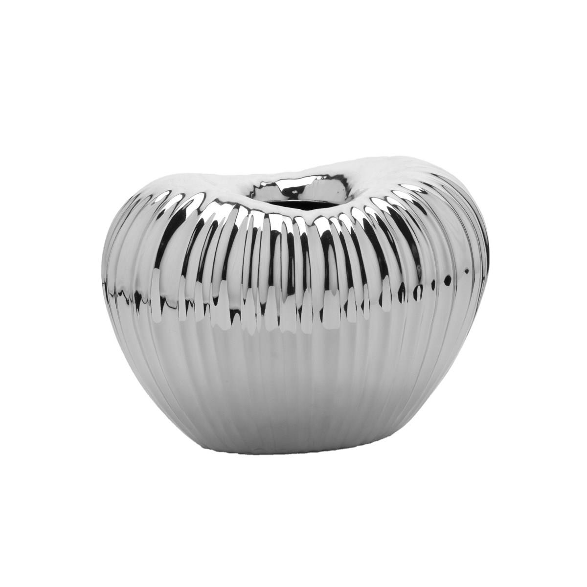 Vaso in ceramica argentata bombato con lavorazione multilinea mis. 20x13x14